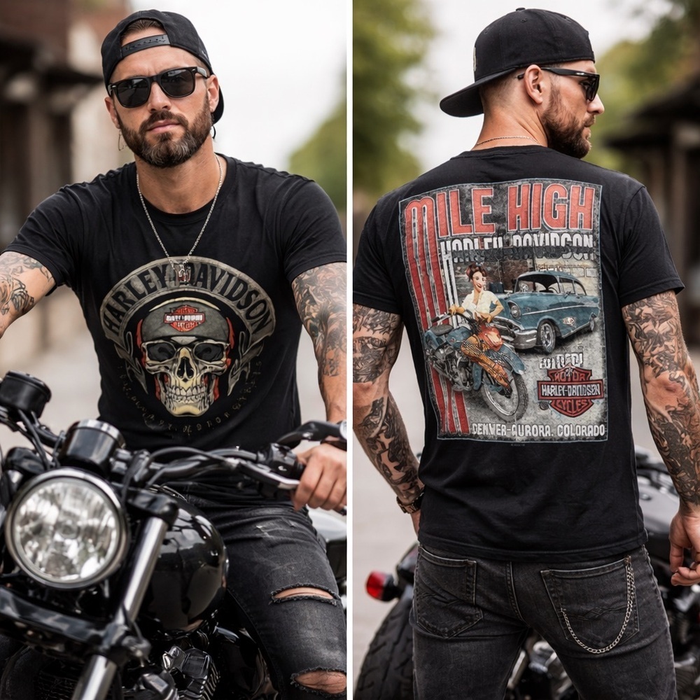 Harley-Davidson Skull Graphic T-Shirt Black Denver Aurora Biker Tee - Picture 1 of 8